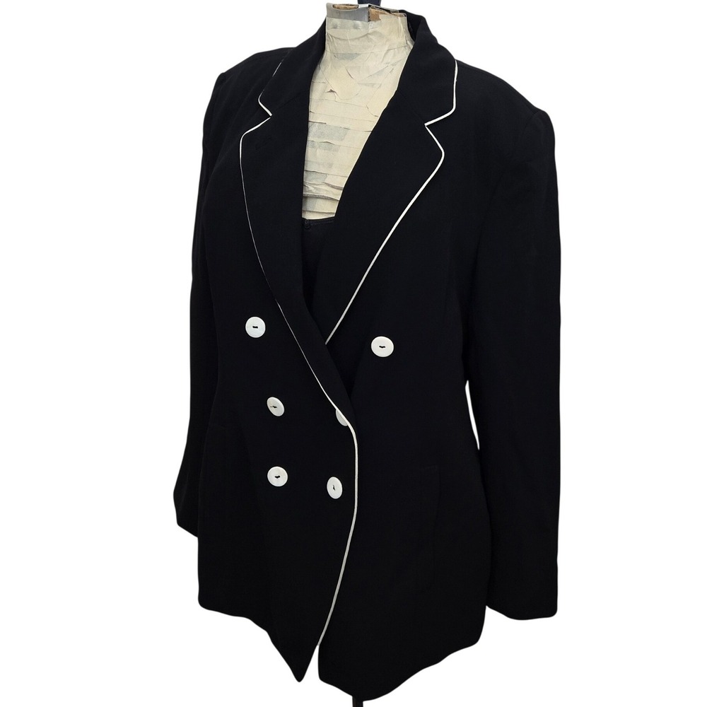 Dana Buchman Petite Vintage 90s Blazer Black White Piping Double Breasted 10P
